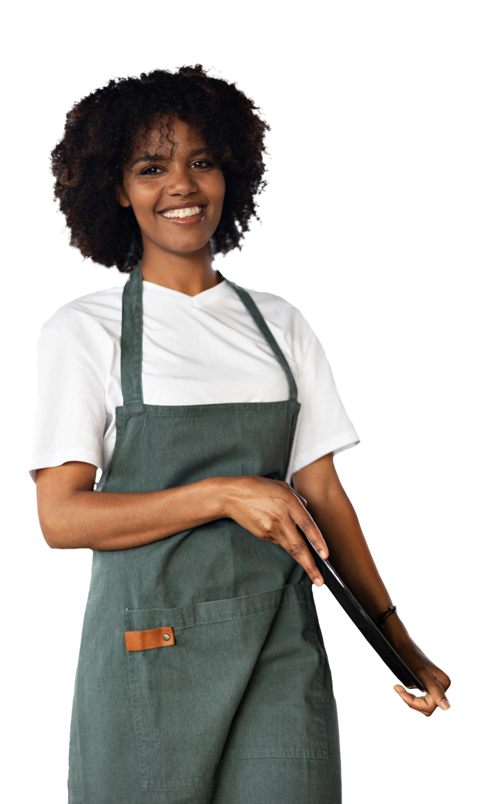 Smiling hospitality professional in an apron