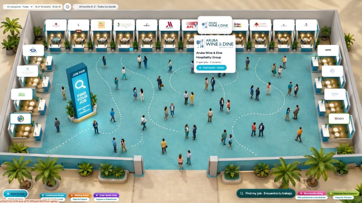 Employer booths in the virtual booth hall, with a company preview card